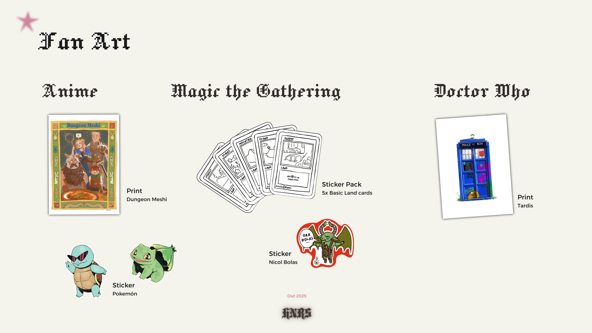 Fan Art, Anime (pokemon and dungeon meshi), Magic the Gathering,doctor who