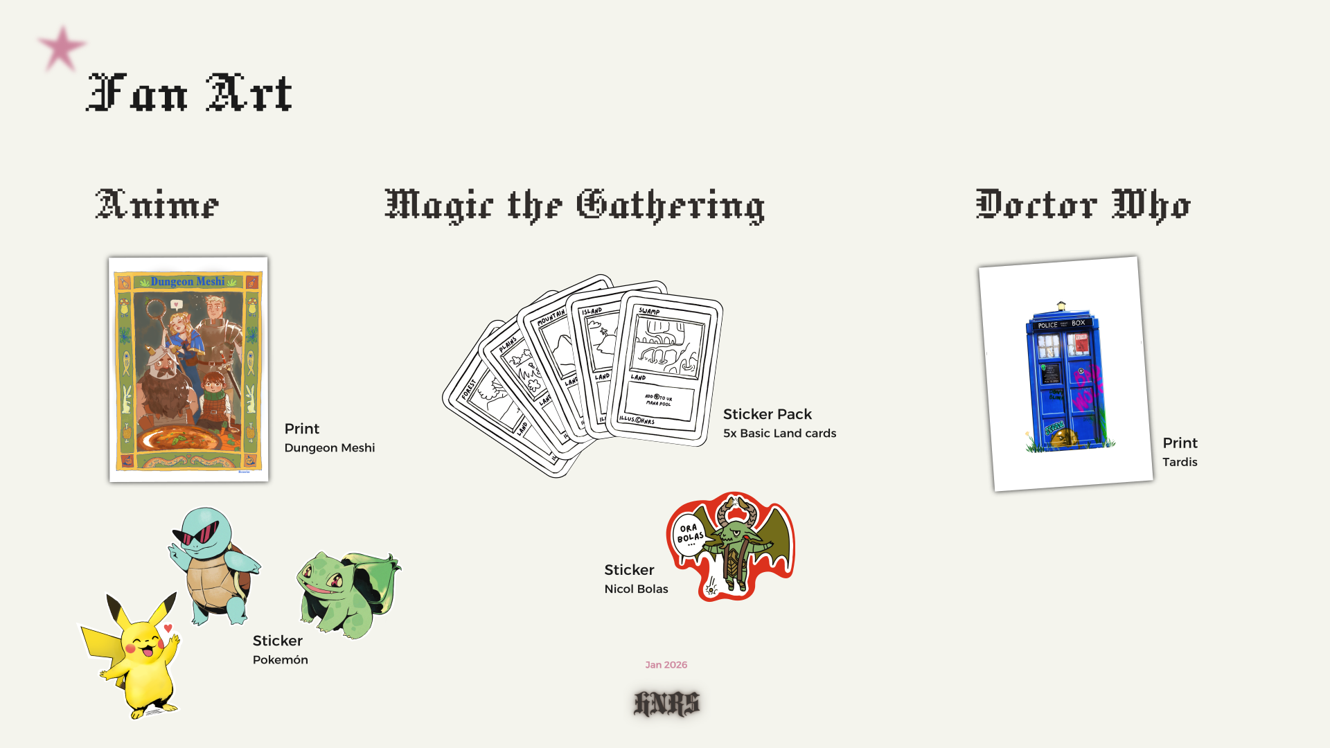 Fan Art, Anime (pokemon and dungeon meshi), Magic the Gathering,doctor who